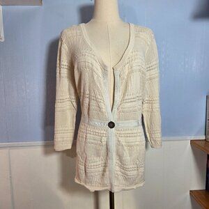 Eddie Bauer XXL Ivory Off White Open Knit 3/4 Sleeve Tie Button Open Cardigan